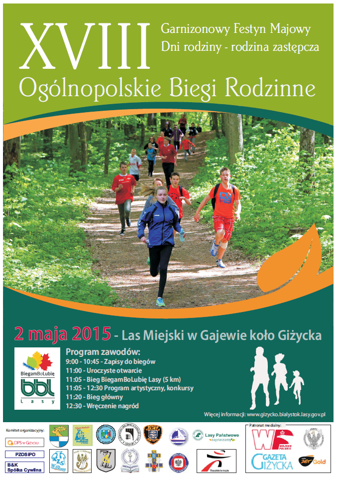 Plakat prezentujący XVIII Ogólnopolskie Biegi Rodzinne w Lesie Miejskim w Gajewie k.Giżycka